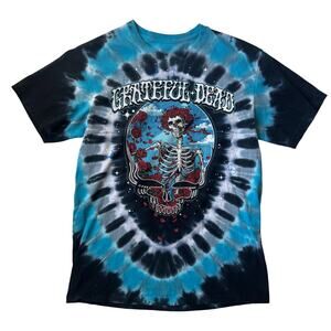 Grateful Dead Liquid Blue Tie Dye Skull Roses Steal Your Bertha Tee Double Sided